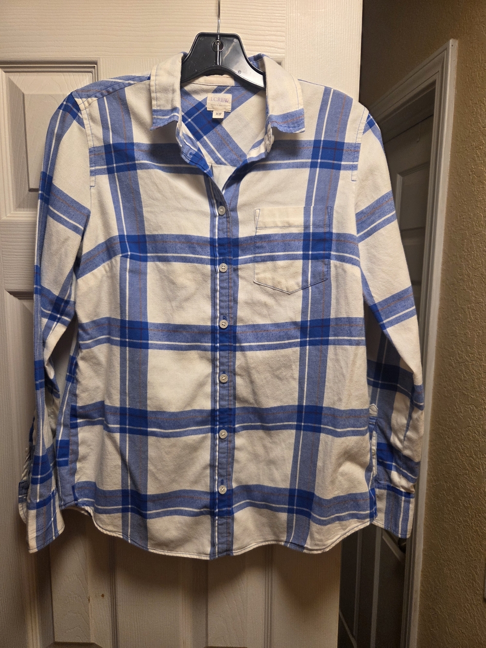 J. Crew White and Blue Plaid Button-Down Shirt